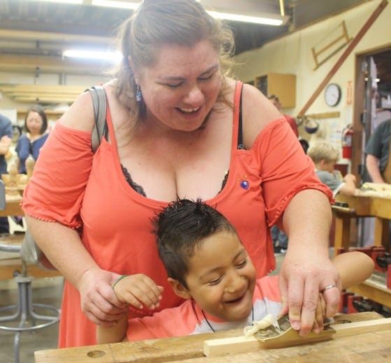 Fire and Water Open House_ August 2018_ Woodworking kid named Chris age 5 with mom demo_1102